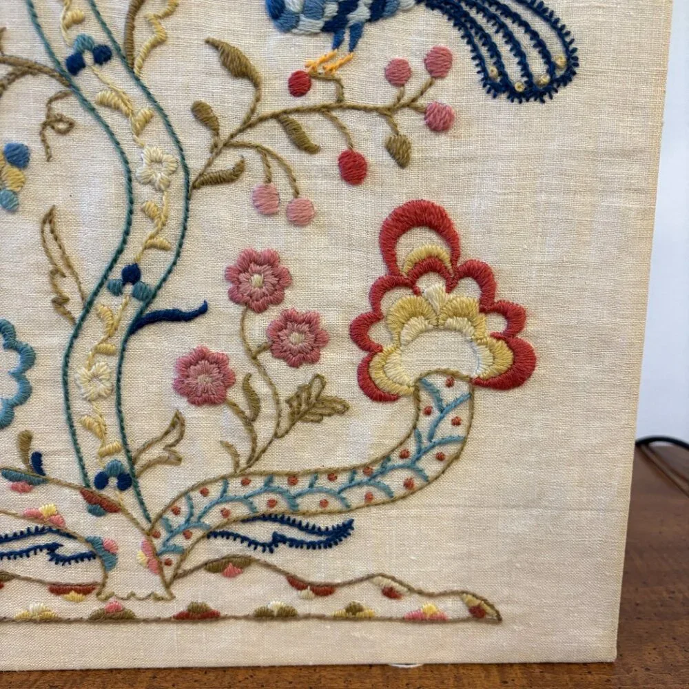 VINTAGE 60s Floral Bird Crewel Stitch Picture Hand Stitched Embroidery Art Piece